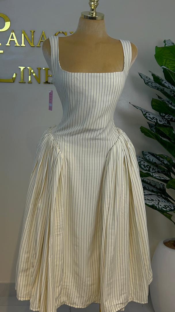 Cream pinstripe midi dress with square neckline and pleated skirt